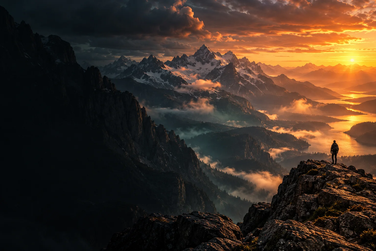 A cinematic mountain landscape glowing in the evening sun